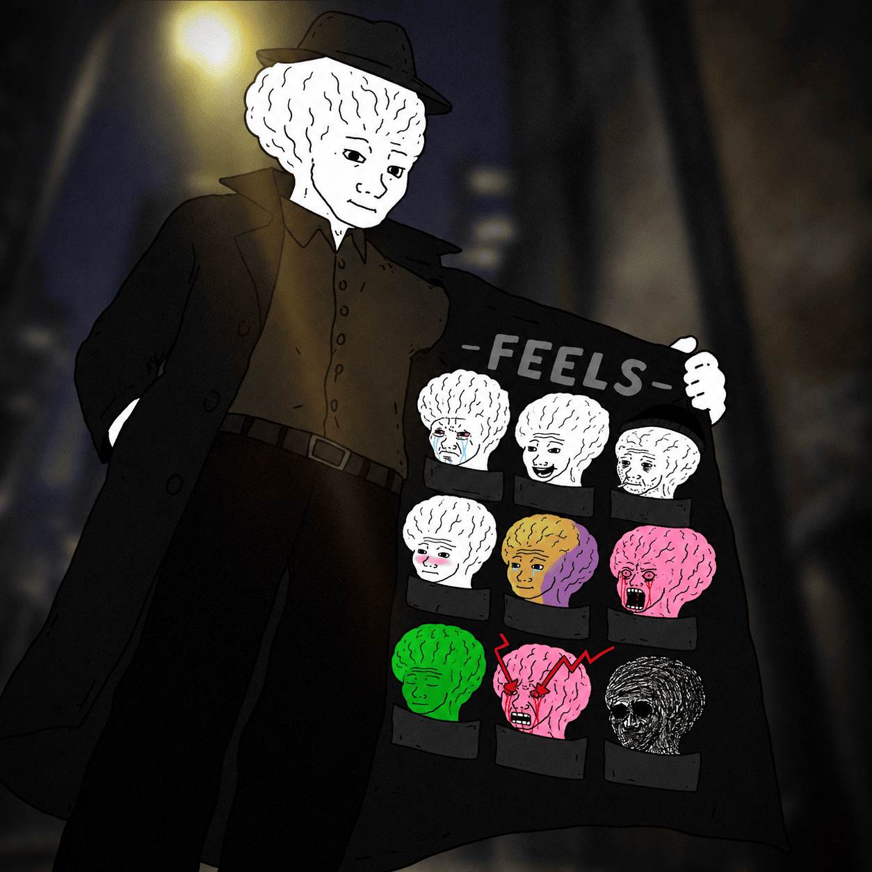 brain wojak selling a coat of feels