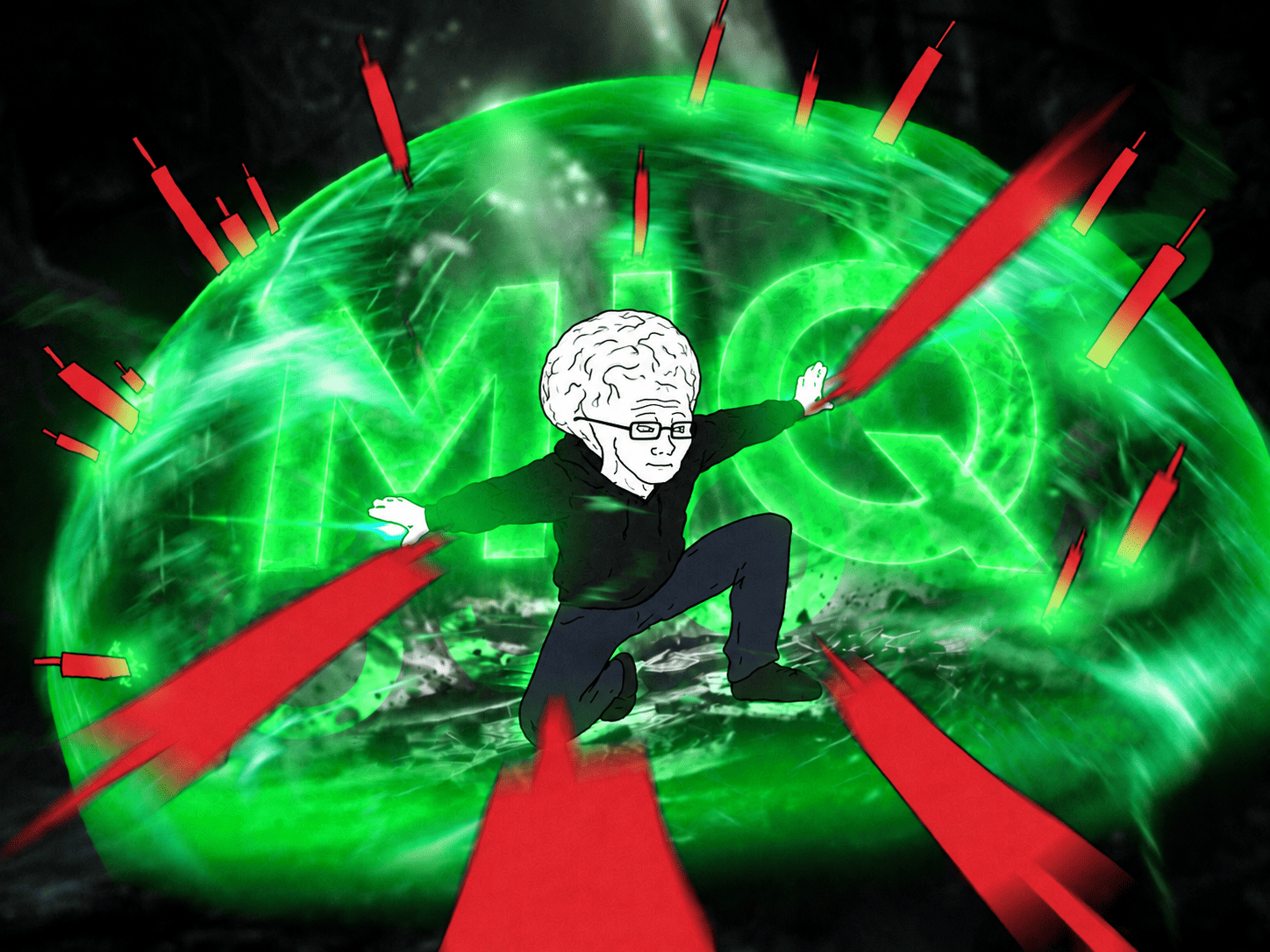 brain wojak blocking red candles with an MIQ shield