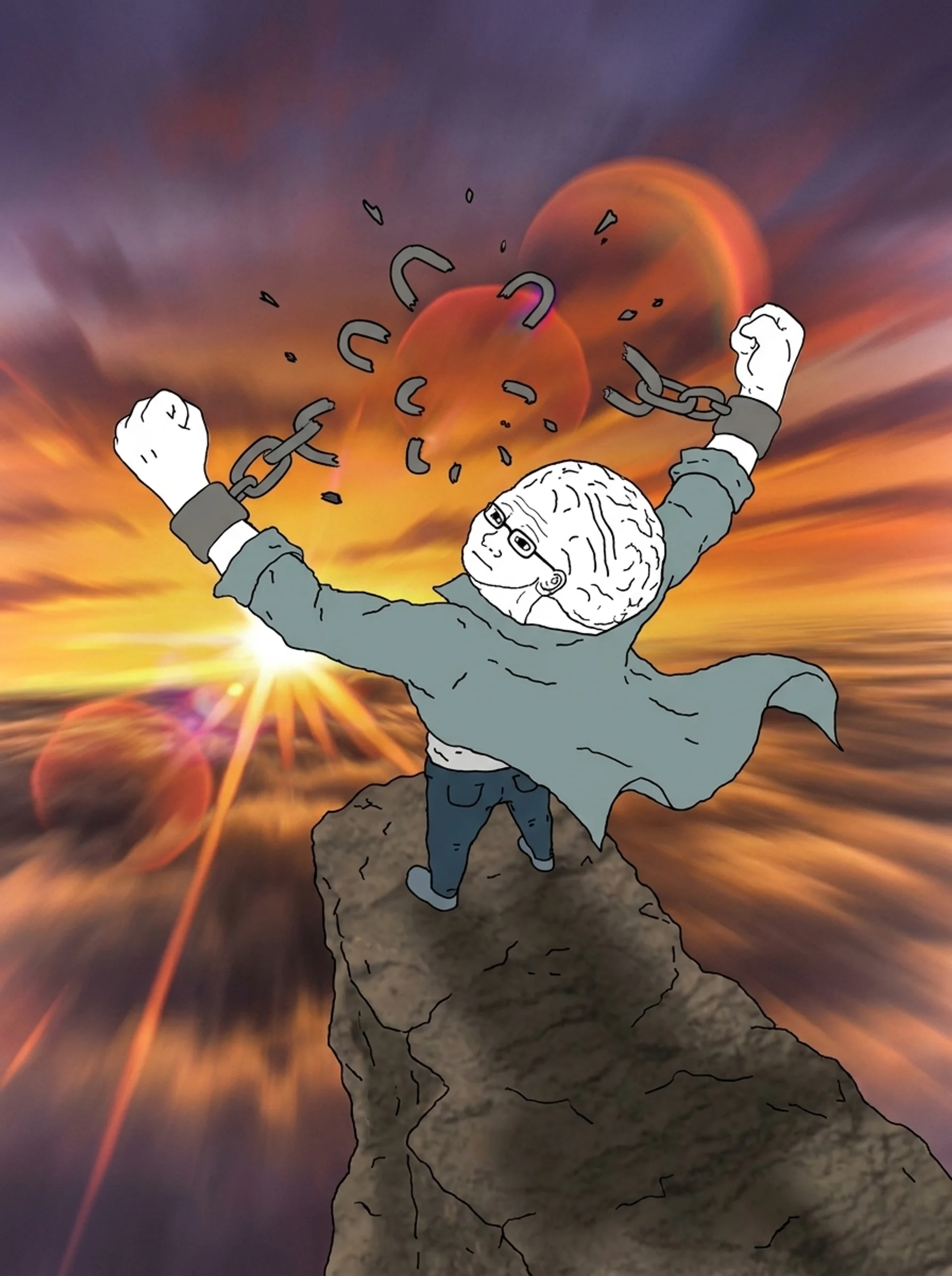 brain wojak breaking chains on a cliff